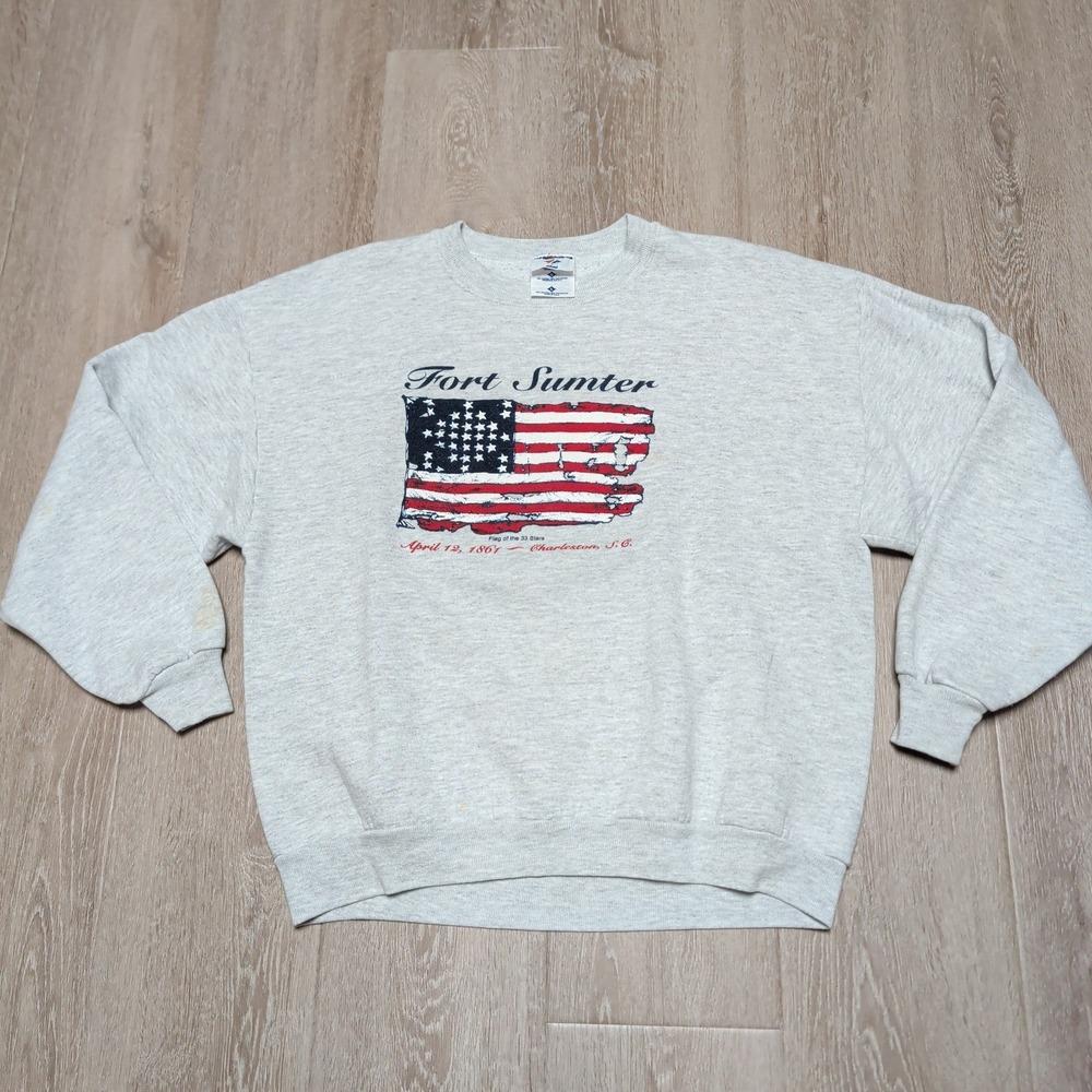 Vintage Jerzees Fort Sumter Sweatshirt Mens L Grey 33 Star Flag USA Distressed